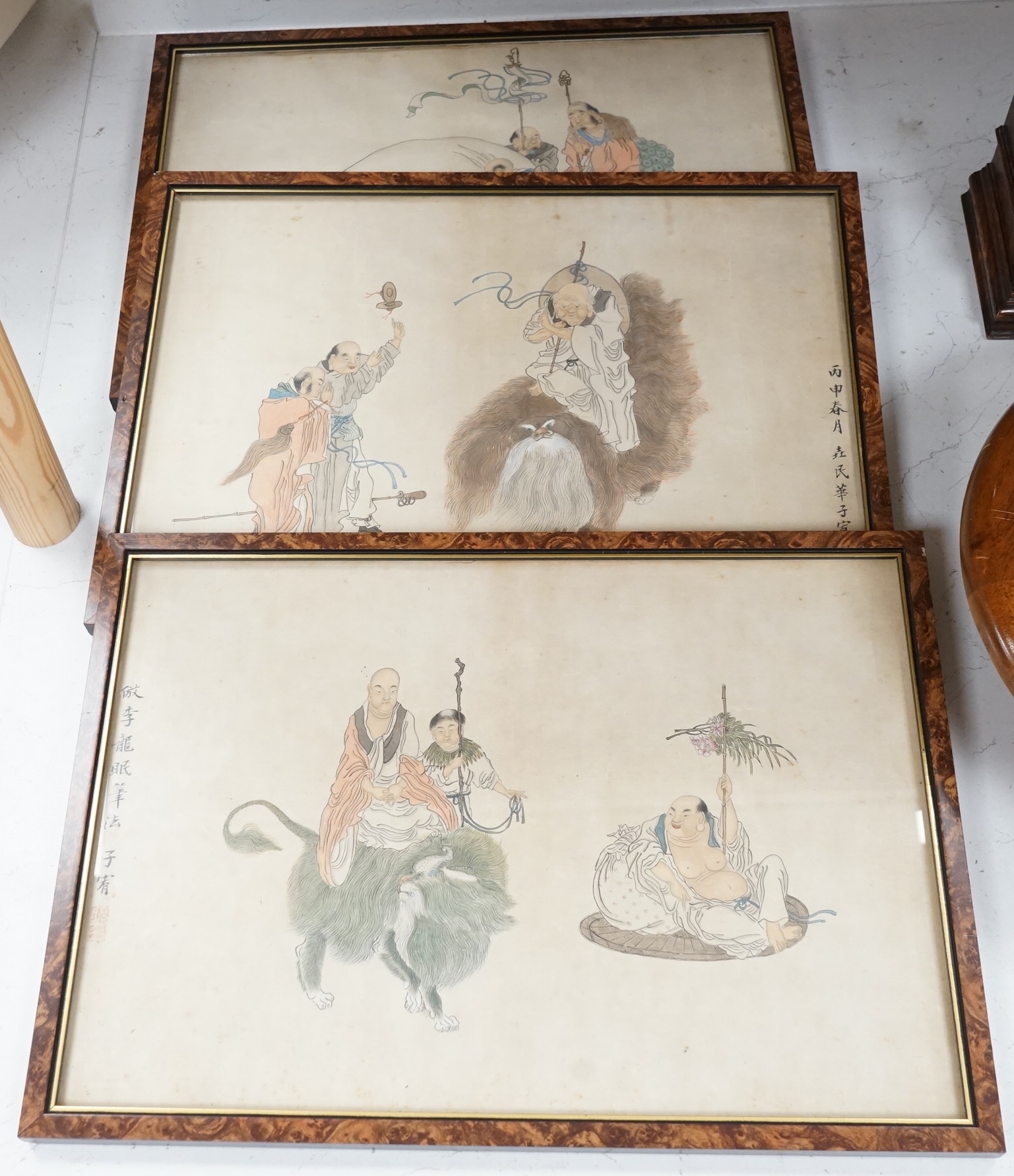 19th century, Chinese School, Figural and animal studies, three watercolours on printed bases, with character marks, 29 x 42cm